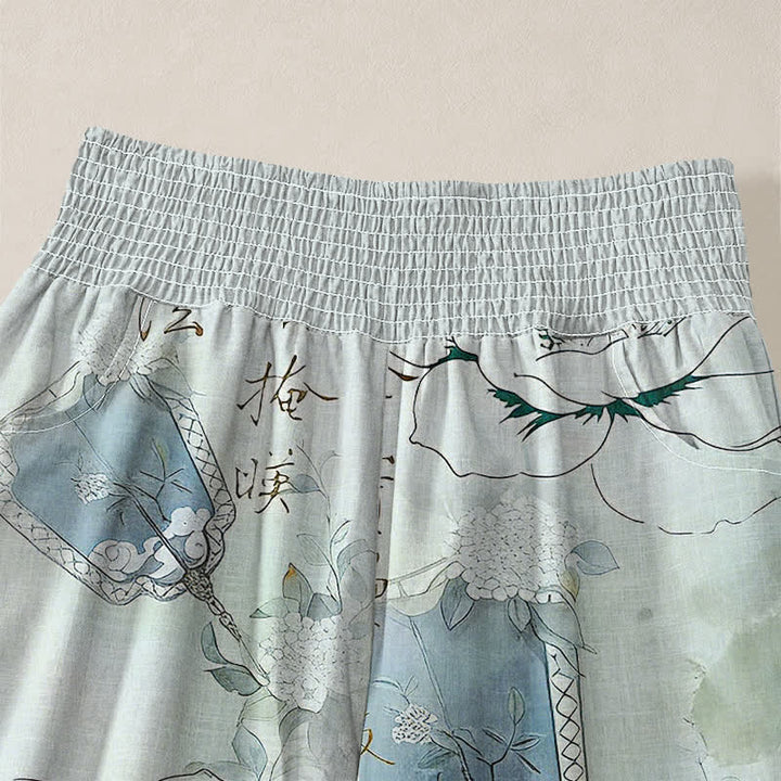 Buddha Stones Pantaloni harem da donna in cotone con motivo floreale acquerellato e calligrafia, vita elasticizzata e pieghe, con tasche. - image 4