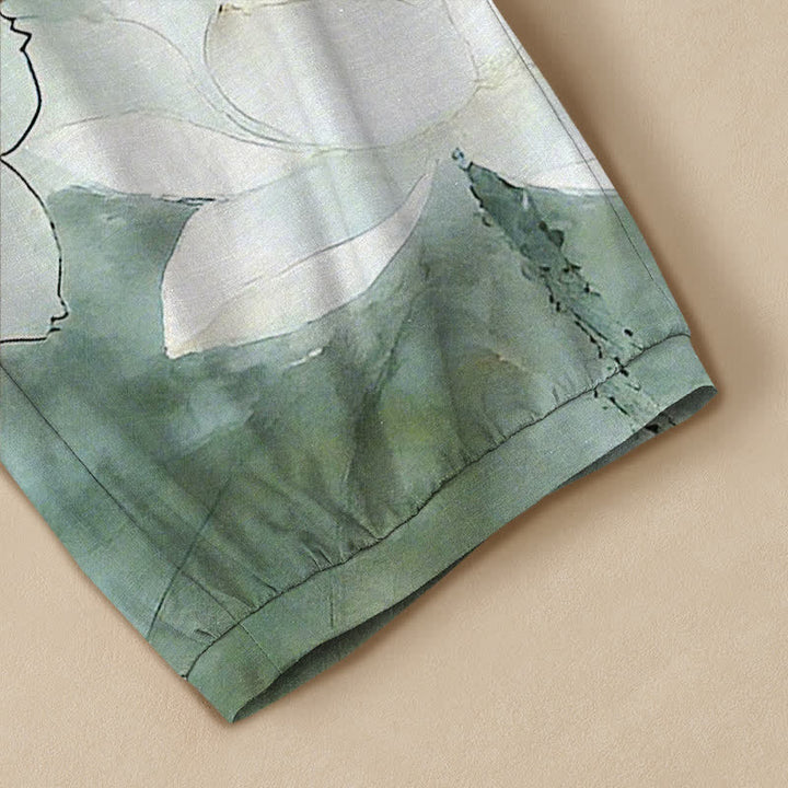 Buddha Stones Pantaloni harem da donna in cotone con motivo floreale acquerellato e calligrafia, vita elasticizzata e pieghe, con tasche. - image 5