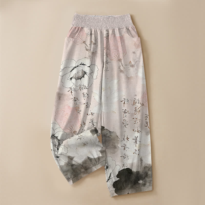 Buddha Stones Pantaloni harem da donna in cotone con motivo floreale acquerellato e calligrafia, vita elasticizzata e pieghe, con tasche. - image 9