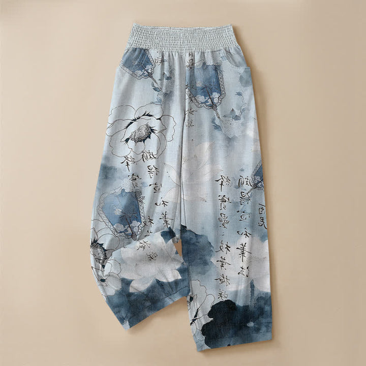 Buddha Stones Pantaloni harem da donna in cotone con motivo floreale acquerellato e calligrafia, vita elasticizzata e pieghe, con tasche. - image 13