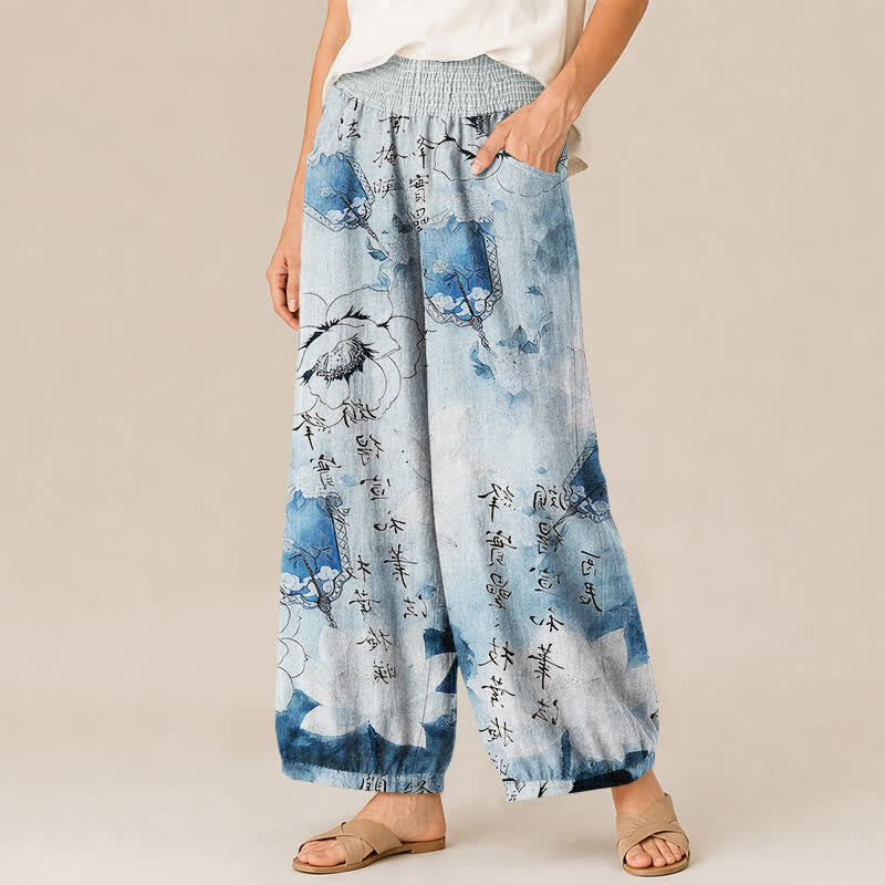 Buddha Stones Pantaloni harem da donna in cotone con motivo floreale acquerellato e calligrafia, vita elasticizzata e pieghe, con tasche. - image 11