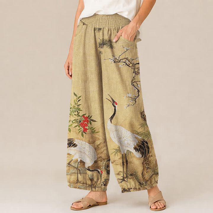 Buddha Stones Pantaloni harem da donna in cotone orientale con motivo gru bianca e fiori rossi, plissettati e vita elasticizzata, con tasche. - image 1