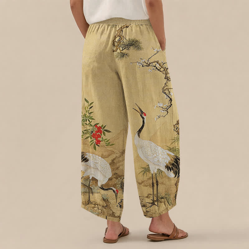 Buddha Stones Pantaloni harem da donna in cotone orientale con motivo gru bianca e fiori rossi, plissettati e vita elasticizzata, con tasche. - image 2