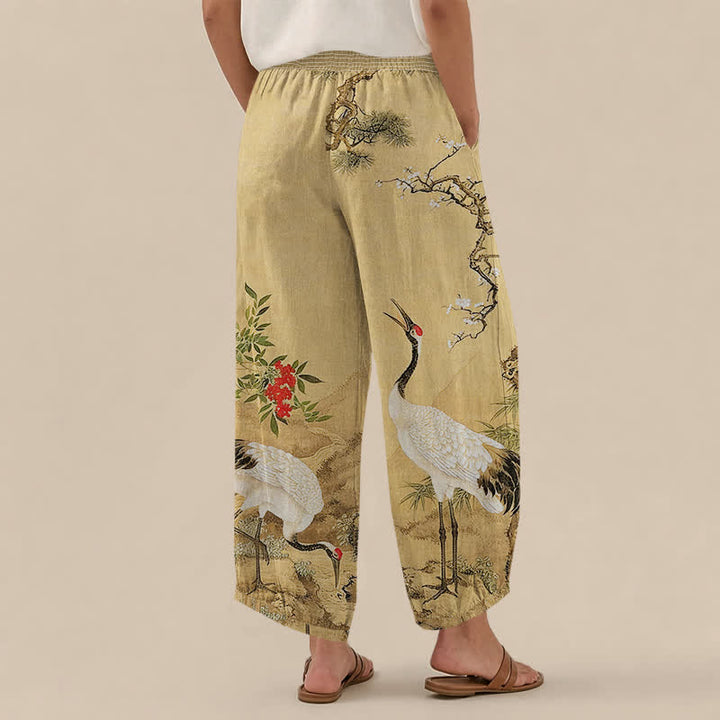 Buddha Stones Pantaloni harem da donna in cotone orientale con motivo gru bianca e fiori rossi, plissettati e vita elasticizzata, con tasche. - image 2