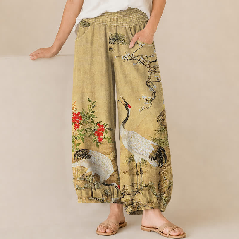 Buddha Stones Pantaloni harem da donna in cotone orientale con motivo gru bianca e fiori rossi, plissettati e vita elasticizzata, con tasche. - Tan - US16, UK/AU20, EU48 (3XL) - image 0