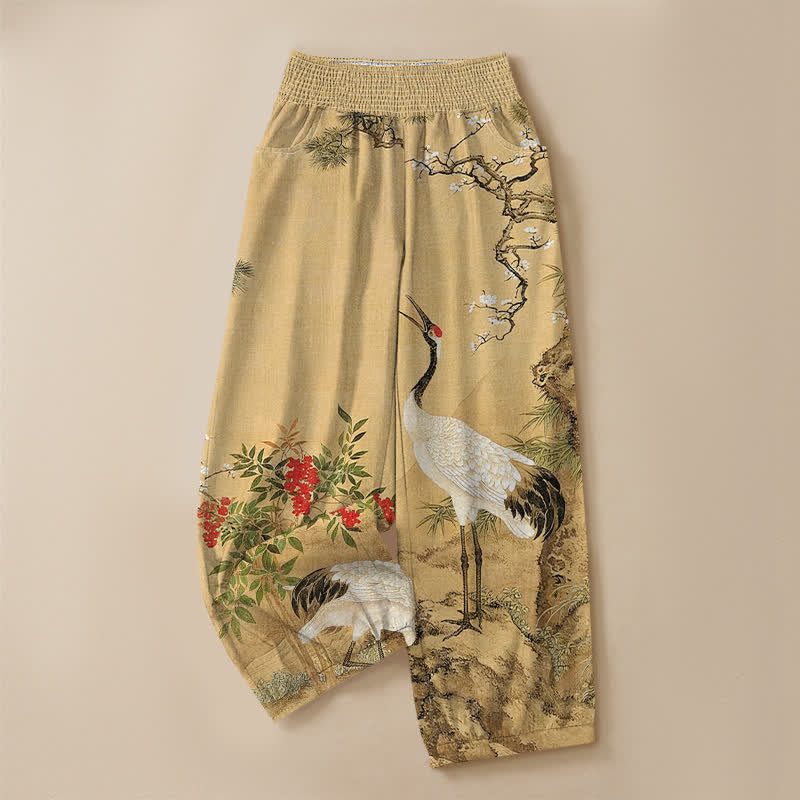 Buddha Stones Pantaloni harem da donna in cotone orientale con motivo gru bianca e fiori rossi, plissettati e vita elasticizzata, con tasche. - image 3