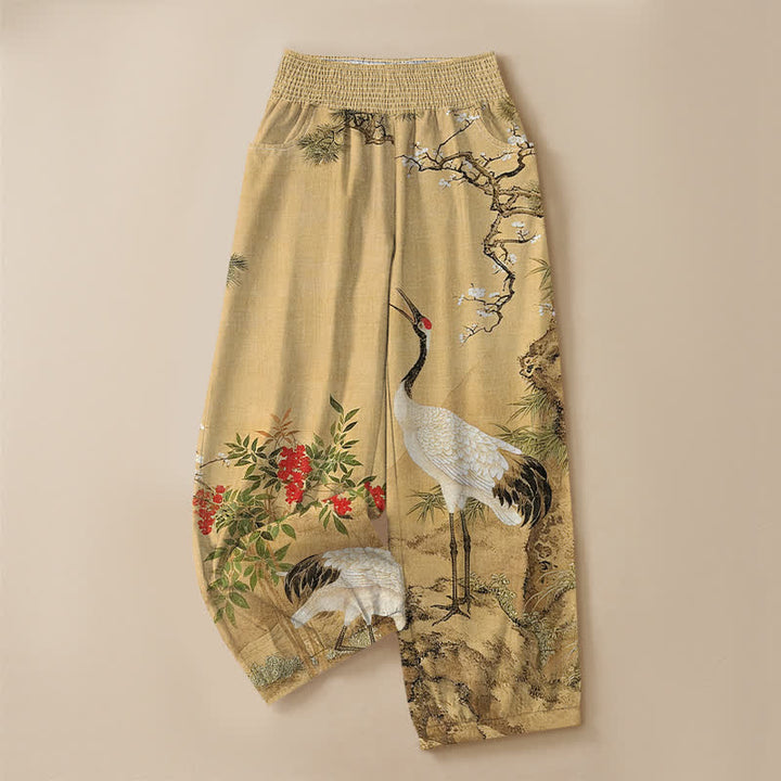 Buddha Stones Pantaloni harem da donna in cotone orientale con motivo gru bianca e fiori rossi, plissettati e vita elasticizzata, con tasche. - image 3