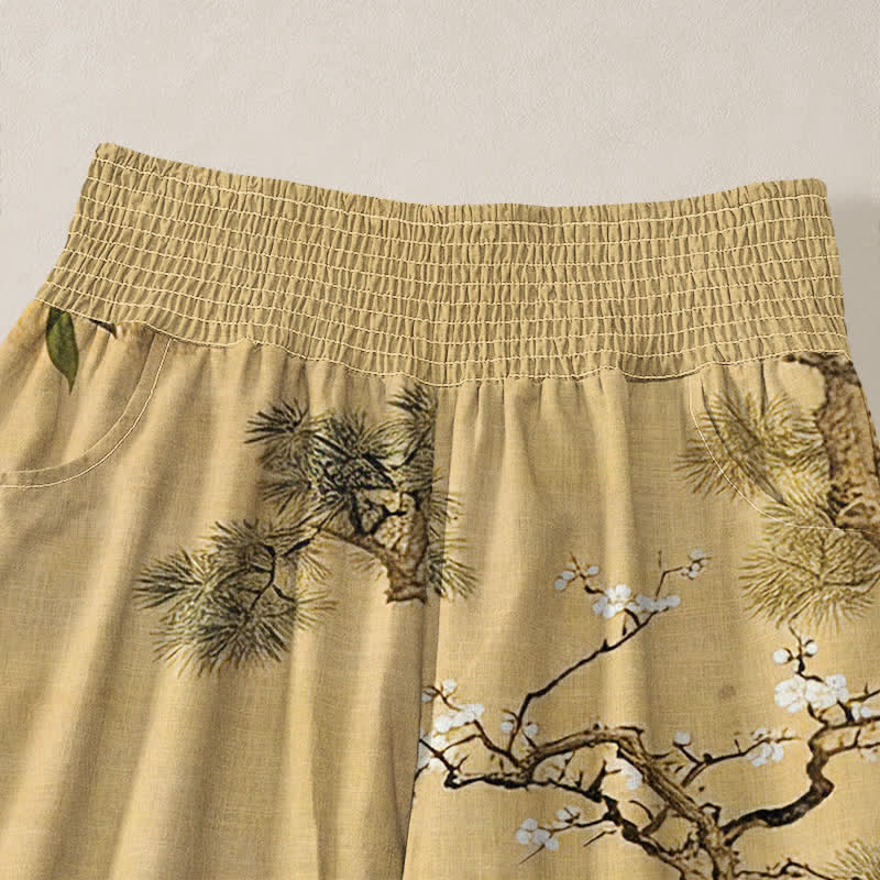 Buddha Stones Pantaloni harem da donna in cotone orientale con motivo gru bianca e fiori rossi, plissettati e vita elasticizzata, con tasche. - image 4