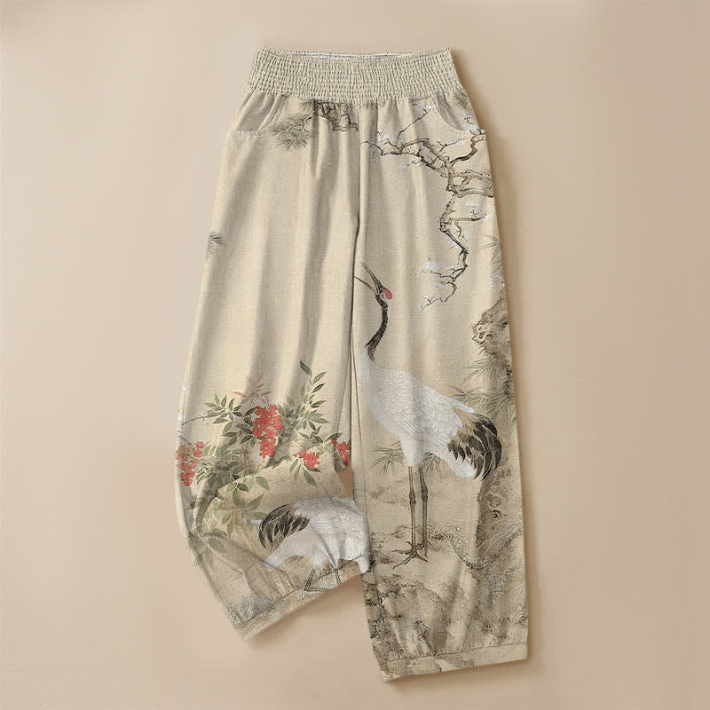 Buddha Stones Pantaloni harem da donna in cotone orientale con motivo gru bianca e fiori rossi, plissettati e vita elasticizzata, con tasche. - image 9