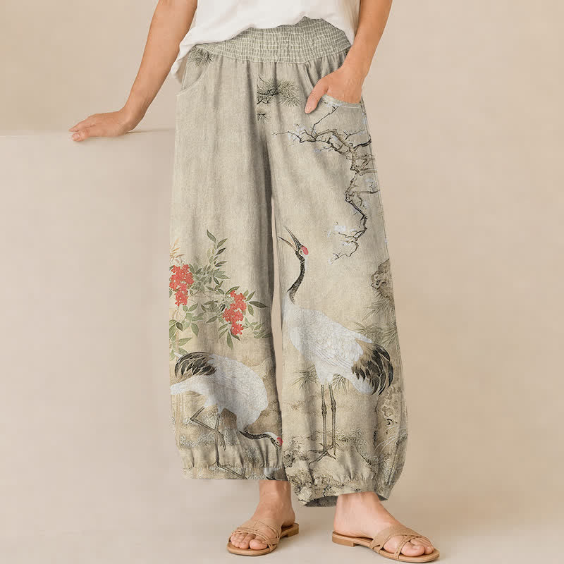 Buddha Stones Pantaloni harem da donna in cotone orientale con motivo gru bianca e fiori rossi, plissettati e vita elasticizzata, con tasche. - Beige - US16, UK/AU20, EU48 (3XL) - image 6