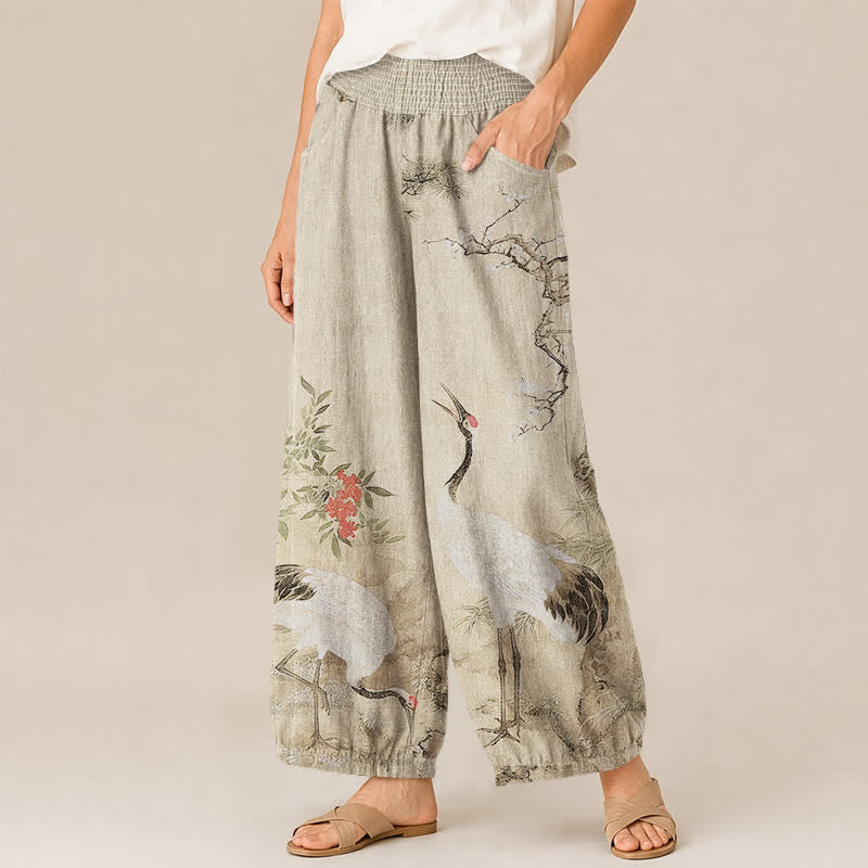 Buddha Stones Pantaloni harem da donna in cotone orientale con motivo gru bianca e fiori rossi, plissettati e vita elasticizzata, con tasche. - image 7
