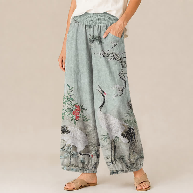 Buddha Stones Pantaloni harem da donna in cotone orientale con motivo gru bianca e fiori rossi, plissettati e vita elasticizzata, con tasche. - image 11