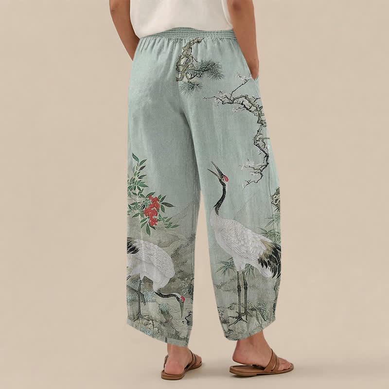 Buddha Stones Pantaloni harem da donna in cotone orientale con motivo gru bianca e fiori rossi, plissettati e vita elasticizzata, con tasche. - image 12