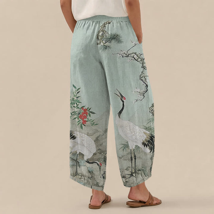 Buddha Stones Pantaloni harem da donna in cotone orientale con motivo gru bianca e fiori rossi, plissettati e vita elasticizzata, con tasche. - image 12