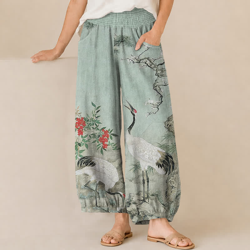 Buddha Stones Pantaloni harem da donna in cotone orientale con motivo gru bianca e fiori rossi, plissettati e vita elasticizzata, con tasche. - Verde pallido - US16, UK/AU20, EU48 (3XL) - image 10