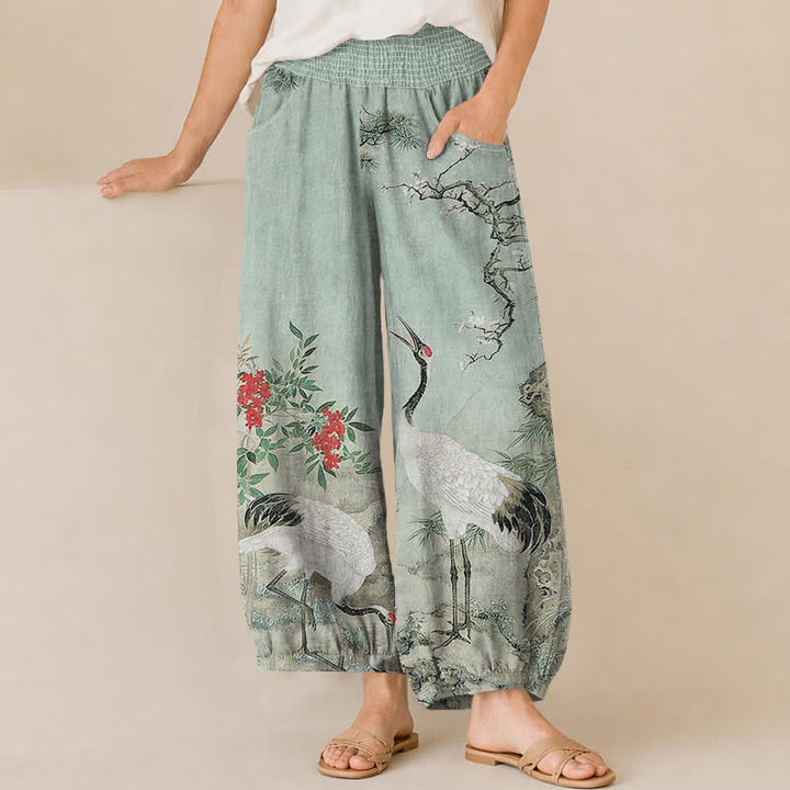 Buddha Stones Pantaloni harem da donna in cotone orientale con motivo gru bianca e fiori rossi, plissettati e vita elasticizzata, con tasche. - Verde pallido - US16, UK/AU20, EU48 (3XL) - image 10