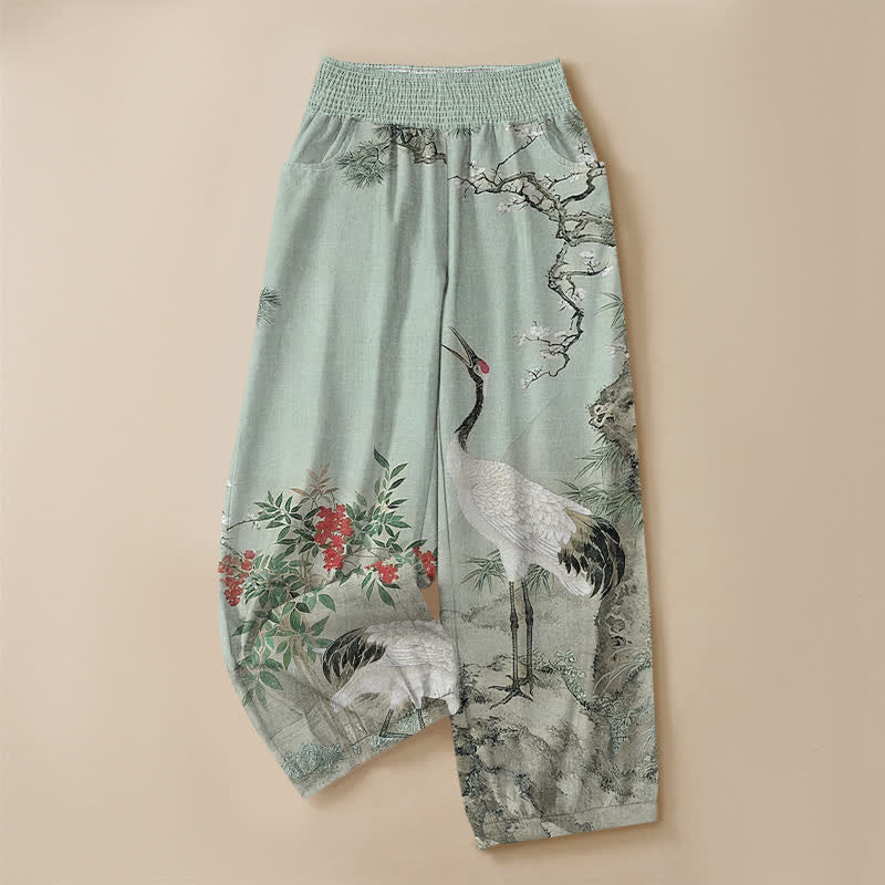 Buddha Stones Pantaloni harem da donna in cotone orientale con motivo gru bianca e fiori rossi, plissettati e vita elasticizzata, con tasche. - image 13