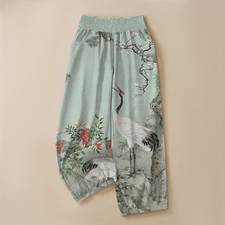 Buddha Stones Pantaloni harem da donna in cotone orientale con motivo gru bianca e fiori rossi, plissettati e vita elasticizzata, con tasche. - image 13