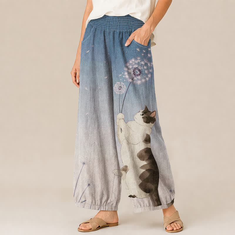 Buddha Stones Pantaloni harem da donna in cotone con motivo di gatti e dente di leone, plissettati e vita elasticizzata, con tasche. - image 1