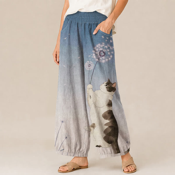 Buddha Stones Pantaloni harem da donna in cotone con motivo di gatti e dente di leone, plissettati e vita elasticizzata, con tasche. - image 1