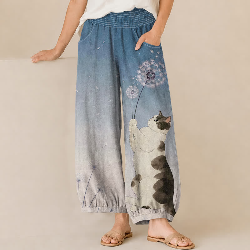 Buddha Stones Pantaloni harem da donna in cotone con motivo di gatti e dente di leone, plissettati e vita elasticizzata, con tasche. - Blu acciaio chiaro - US16, UK/AU20, EU48 (3XL) - image 0