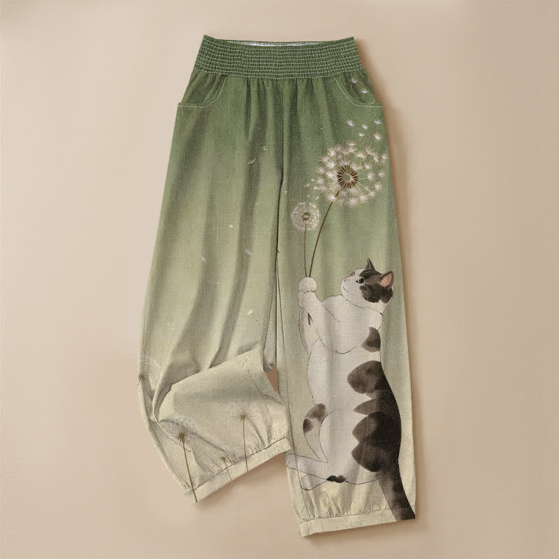 Buddha Stones Pantaloni harem da donna in cotone con motivo di gatti e dente di leone, plissettati e vita elasticizzata, con tasche. - image 9