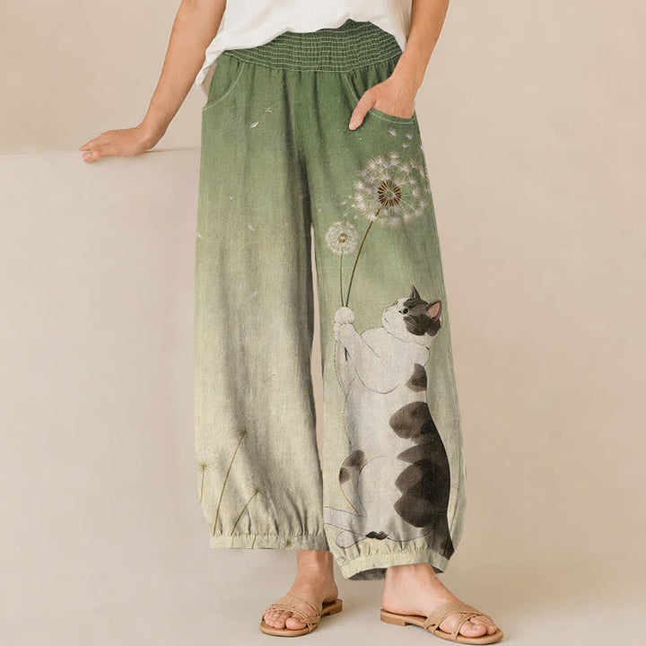 Buddha Stones Pantaloni harem da donna in cotone con motivo di gatti e dente di leone, plissettati e vita elasticizzata, con tasche. - Verde oliva - US16, UK/AU20, EU48 (3XL) - image 6