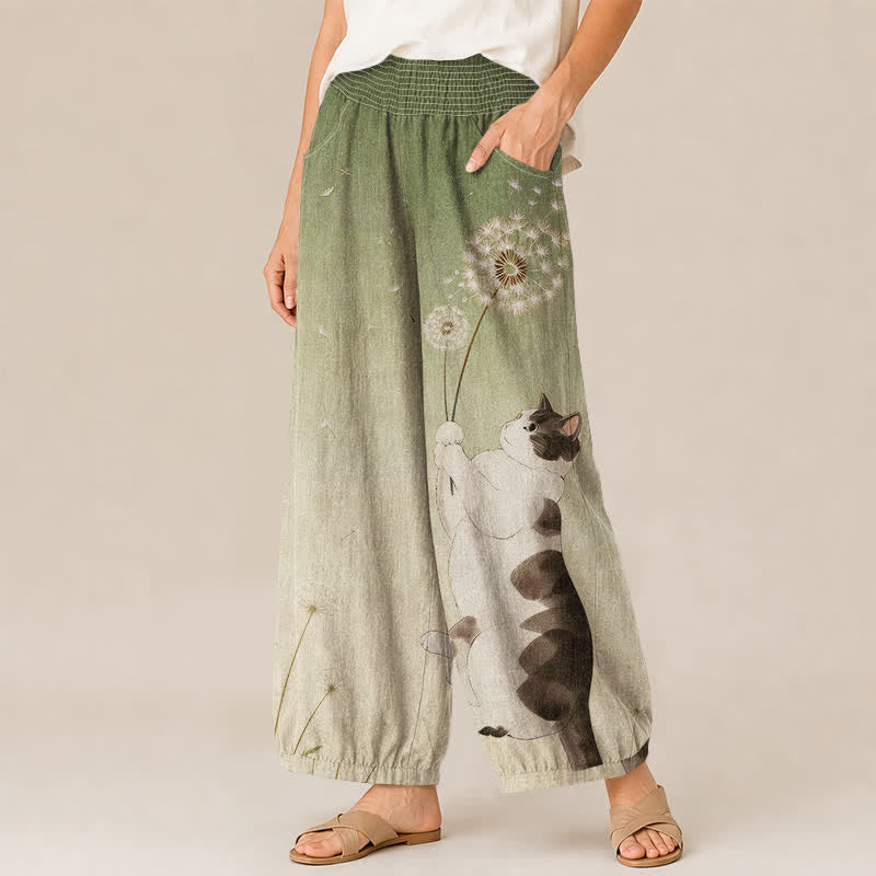 Buddha Stones Pantaloni harem da donna in cotone con motivo di gatti e dente di leone, plissettati e vita elasticizzata, con tasche. - image 7