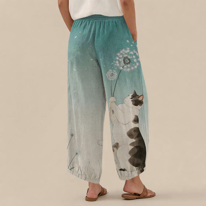 Buddha Stones Pantaloni harem da donna in cotone con motivo di gatti e dente di leone, plissettati e vita elasticizzata, con tasche. - image 12