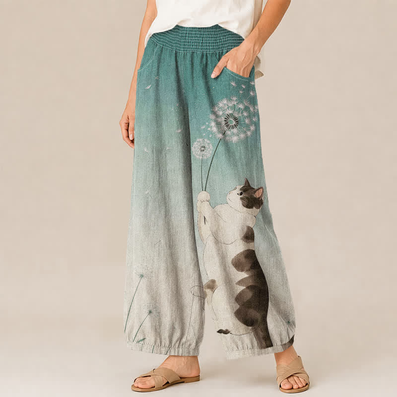 Buddha Stones Pantaloni harem da donna in cotone con motivo di gatti e dente di leone, plissettati e vita elasticizzata, con tasche. - image 11
