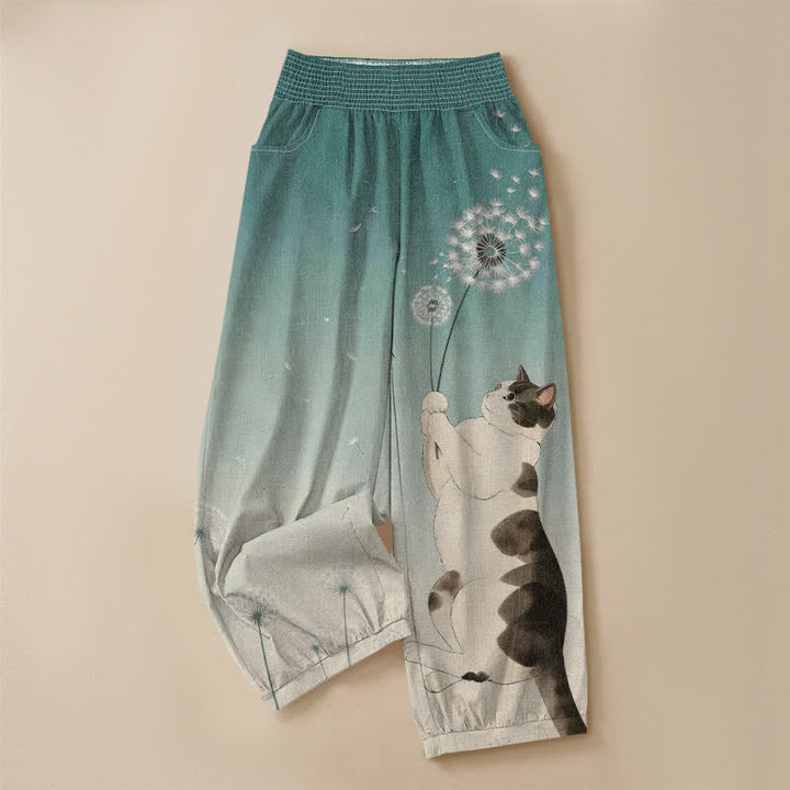 Buddha Stones Pantaloni harem da donna in cotone con motivo di gatti e dente di leone, plissettati e vita elasticizzata, con tasche. - image 13