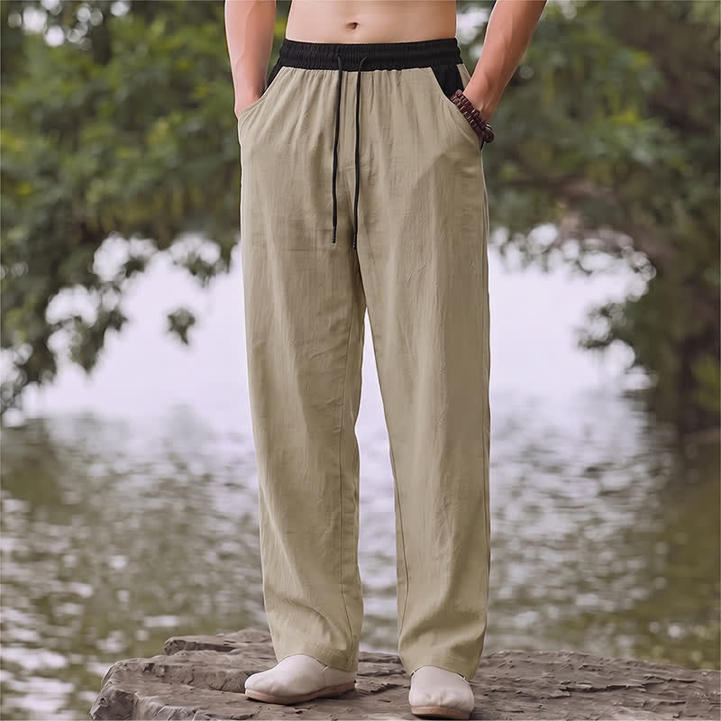 Buddha Stones Pantaloni lunghi da uomo in cotone e lino, tinta unita, con coulisse e blocchi di colore, modello a gamba dritta, con tasche, per primavera/estate. - Tan - US/UK/AU42, EU52 (3XL) - image 20
