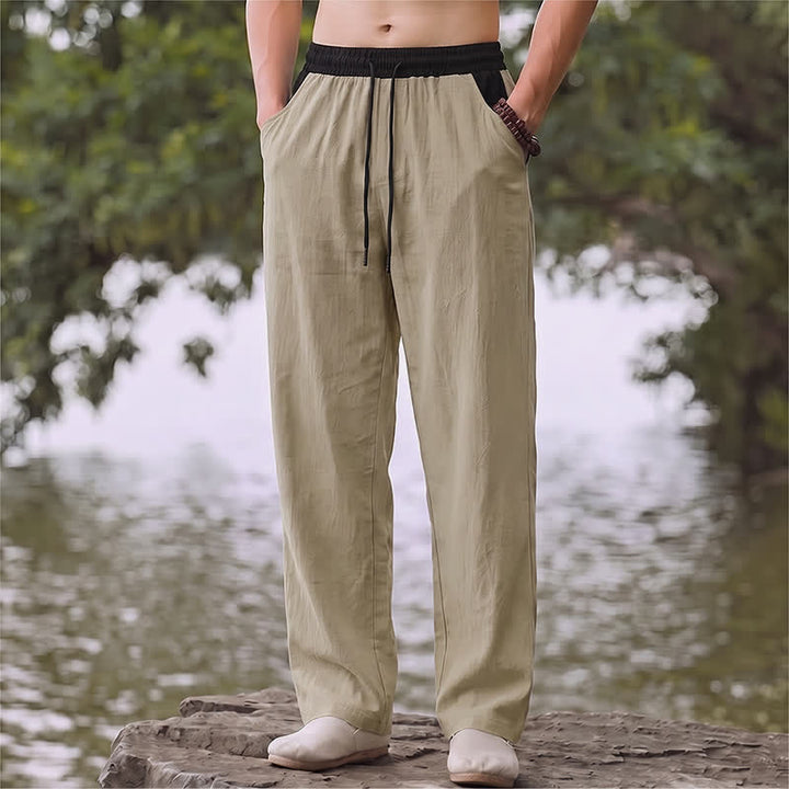Buddha Stones Pantaloni lunghi da uomo in cotone e lino, tinta unita, con coulisse e blocchi di colore, modello a gamba dritta, con tasche, per primavera/estate. - Tan - US/UK/AU42, EU52 (3XL) - image 20