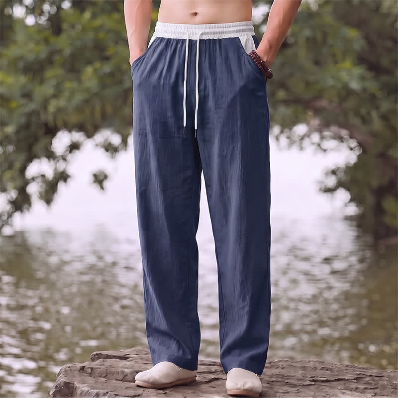 Buddha Stones Pantaloni lunghi da uomo in cotone e lino, tinta unita, con coulisse e blocchi di colore, modello a gamba dritta, con tasche, per primavera/estate. - Blu notte - US/UK/AU42, EU52 (3XL) - image 0
