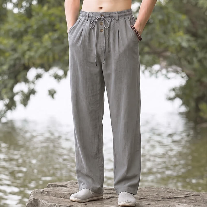 Buddha Stones Pantaloni lunghi da uomo a gamba dritta con coulisse e bottoni decorativi, ideali per primavera/estate. Classici, per la primavera e l'estate. Pantaloni lunghi a tinta unita con tasche. - Grigio - US/UK/AU42, EU52 (3XL) - image 9