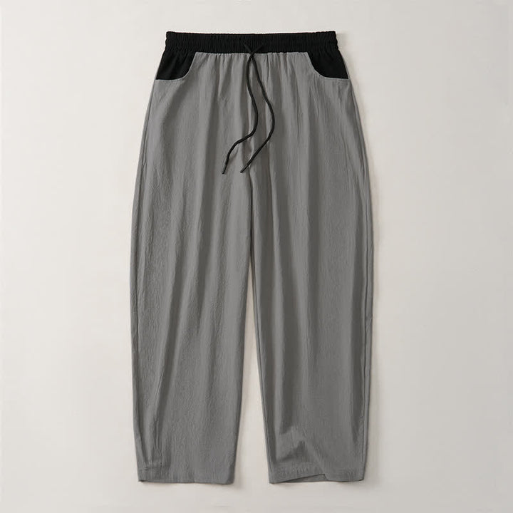 Buddha Stones Pantaloni lunghi da uomo in cotone e lino, tinta unita, con coulisse e blocchi di colore, modello a gamba dritta, con tasche, per primavera/estate. - image 12