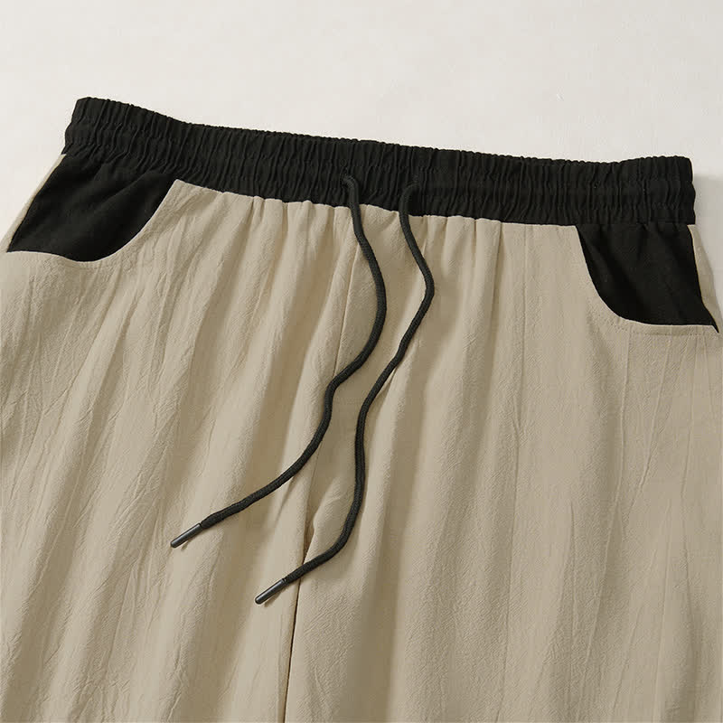 Buddha Stones Pantaloni lunghi da uomo in cotone e lino, tinta unita, con coulisse e blocchi di colore, modello a gamba dritta, con tasche, per primavera/estate. - image 25