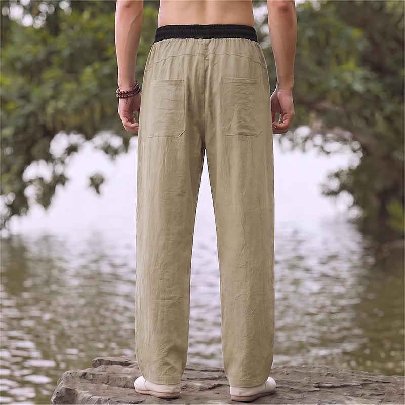 Buddha Stones Pantaloni lunghi da uomo in cotone e lino, tinta unita, con coulisse e blocchi di colore, modello a gamba dritta, con tasche, per primavera/estate. - image 21