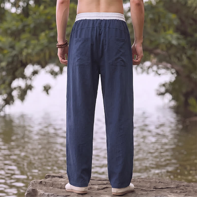 Buddha Stones Pantaloni lunghi da uomo in cotone e lino, tinta unita, con coulisse e blocchi di colore, modello a gamba dritta, con tasche, per primavera/estate. - image 1