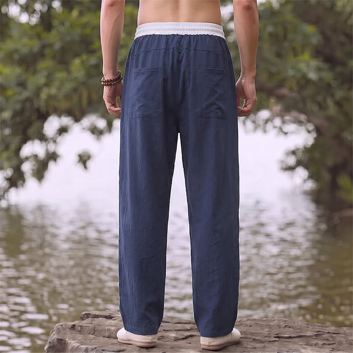 Buddha Stones Pantaloni lunghi da uomo in cotone e lino, tinta unita, con coulisse e blocchi di colore, modello a gamba dritta, con tasche, per primavera/estate. - image 1