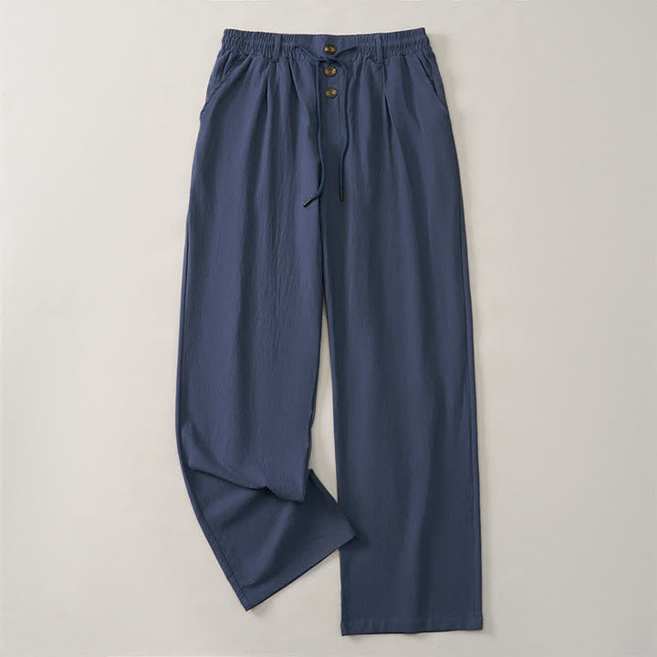 Buddha Stones Pantaloni lunghi da uomo a gamba dritta con coulisse e bottoni decorativi, ideali per primavera/estate. Classici, per la primavera e l'estate. Pantaloni lunghi a tinta unita con tasche. - image 1