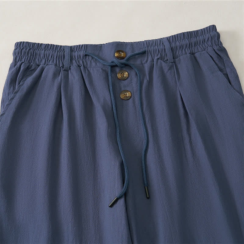 Buddha Stones Pantaloni lunghi da uomo a gamba dritta con coulisse e bottoni decorativi, ideali per primavera/estate. Classici, per la primavera e l'estate. Pantaloni lunghi a tinta unita con tasche. - image 3