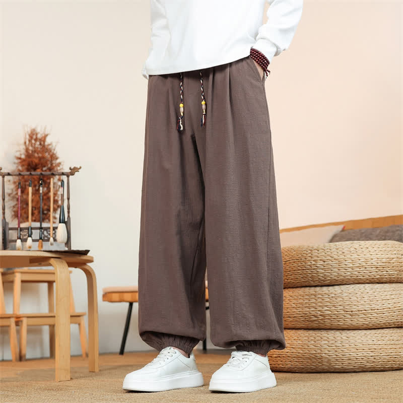 Buddha Stones Pantaloni da uomo a gamba dritta, minimalisti, con coulisse, in cotone tinta unita, ideali per l'autunno. - Marrone sella - US/UK/AU46, EU56 (5XL) - image 35