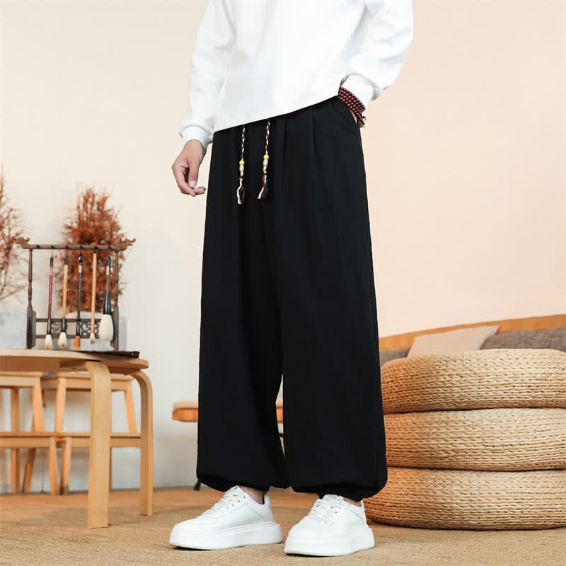 Buddha Stones Pantaloni da uomo a gamba dritta, minimalisti, con coulisse, in cotone tinta unita, ideali per l'autunno. - Nero - US/UK/AU46, EU56 (5XL) - image 13