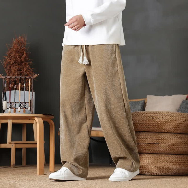 Buddha Stones Pantaloni lunghi da uomo a gamba dritta, tinta unita, con coulisse, ideali per autunno/inverno, con tasche. - Cachi scuro - US/UK/AU46, EU56 (5XL) - image 0