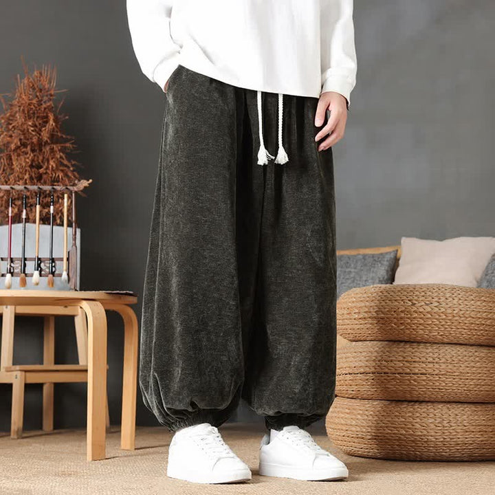 Buddha Stones Pantaloni da uomo a gamba dritta, stile vintage, con coulisse, tinta unita, per autunno/inverno. - Verde scuro - US/UK/AU46, EU56 (5XL) - image 20