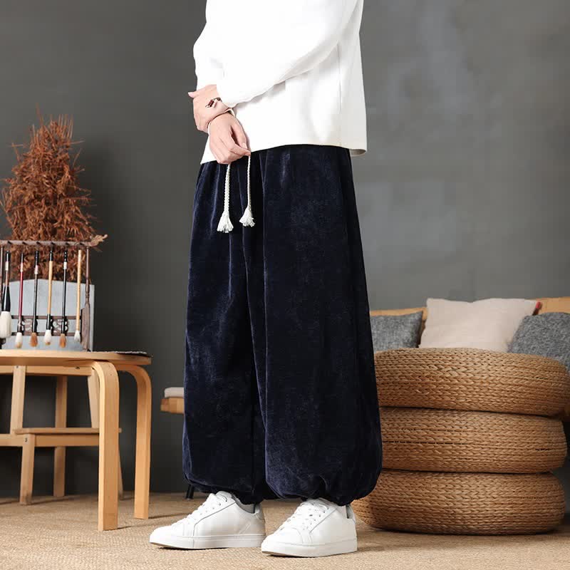 Buddha Stones Pantaloni da uomo a gamba dritta, stile vintage, con coulisse, tinta unita, per autunno/inverno. - Blu mezzanotte - US/UK/AU46, EU56 (5XL) - image 29