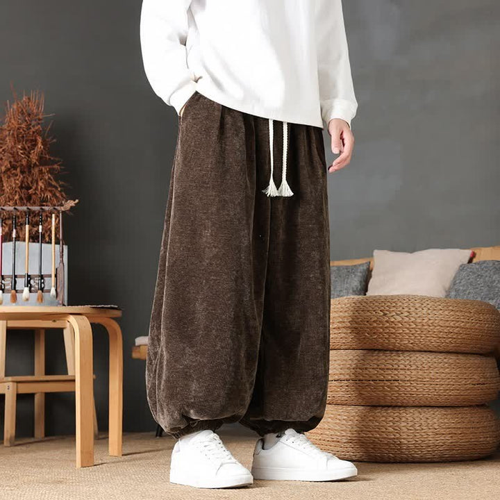 Buddha Stones Pantaloni da uomo a gamba dritta, stile vintage, con coulisse, tinta unita, per autunno/inverno. - Marrone sella - US/UK/AU46, EU56 (5XL) - image 0