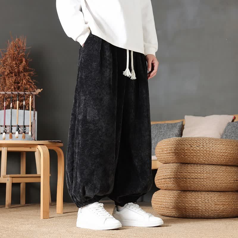 Buddha Stones Pantaloni da uomo a gamba dritta, stile vintage, con coulisse, tinta unita, per autunno/inverno. - Nero - US/UK/AU46, EU56 (5XL) - image 11