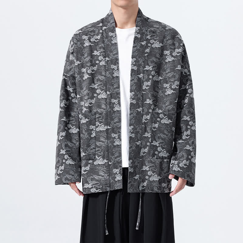 Buddha Stones Kimono da uomo in cotone con coulisse, ideale per primavera/autunno, stile casual, con motivo astratto a nuvole. - Grigio scuro - US/UK/AU46, EU56 (3XL) - image 21
